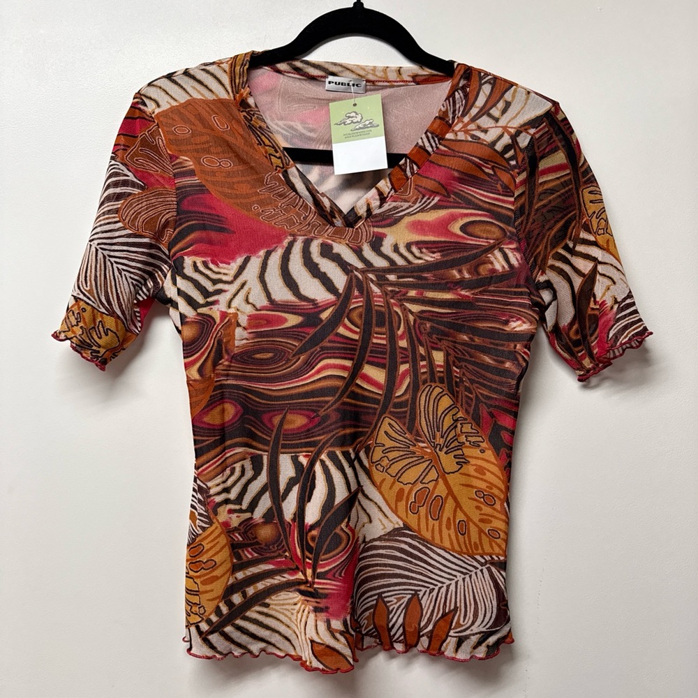 Red Orange Patterned V-Neck Short Sleeve Top